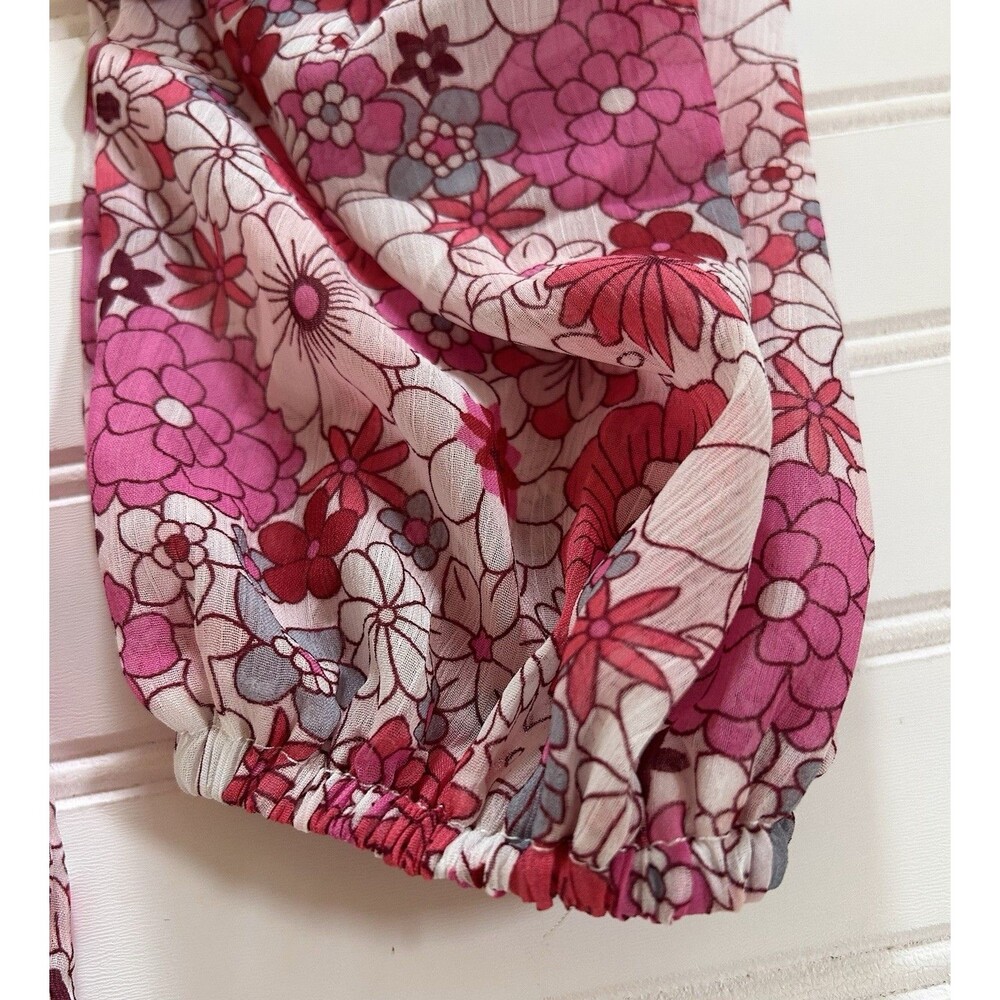 Boutique Floral Blouse Women Large L Pink Coral Long Sleeve Lined Flowy Scoop - Picture 7 of 9